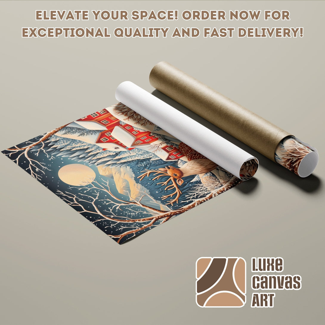 Winter scene poster roll, art print with deer, houses, and moon in blue, brown, and red tones.
