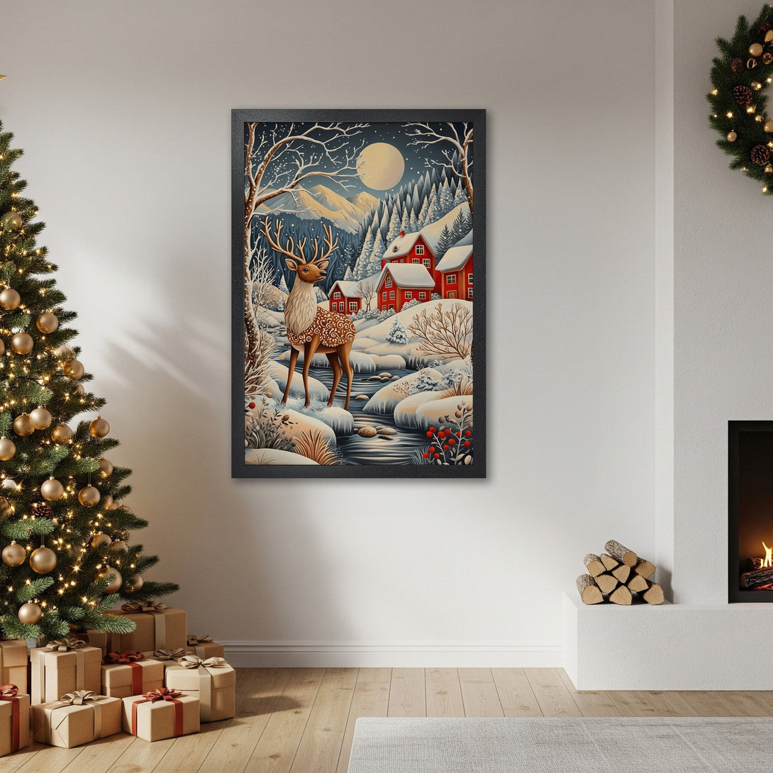 Framed Poster featuring a winter landscape with a deer, red houses, and a full moon. The style is illustrative with a cool, blue and red palette. Perfect Christmas decor!