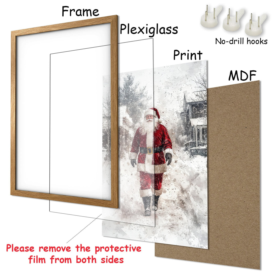 Framed Poster featuring Santa Claus in a watercolor style. Festive red and white color palette. Perfect Christmas decor.