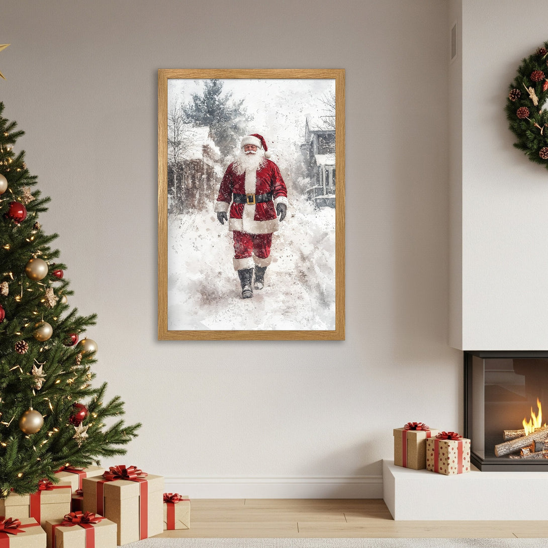 Framed Poster featuring Santa Claus in a snowy scene. Watercolor style, red and white palette, perfect for holiday decor.
