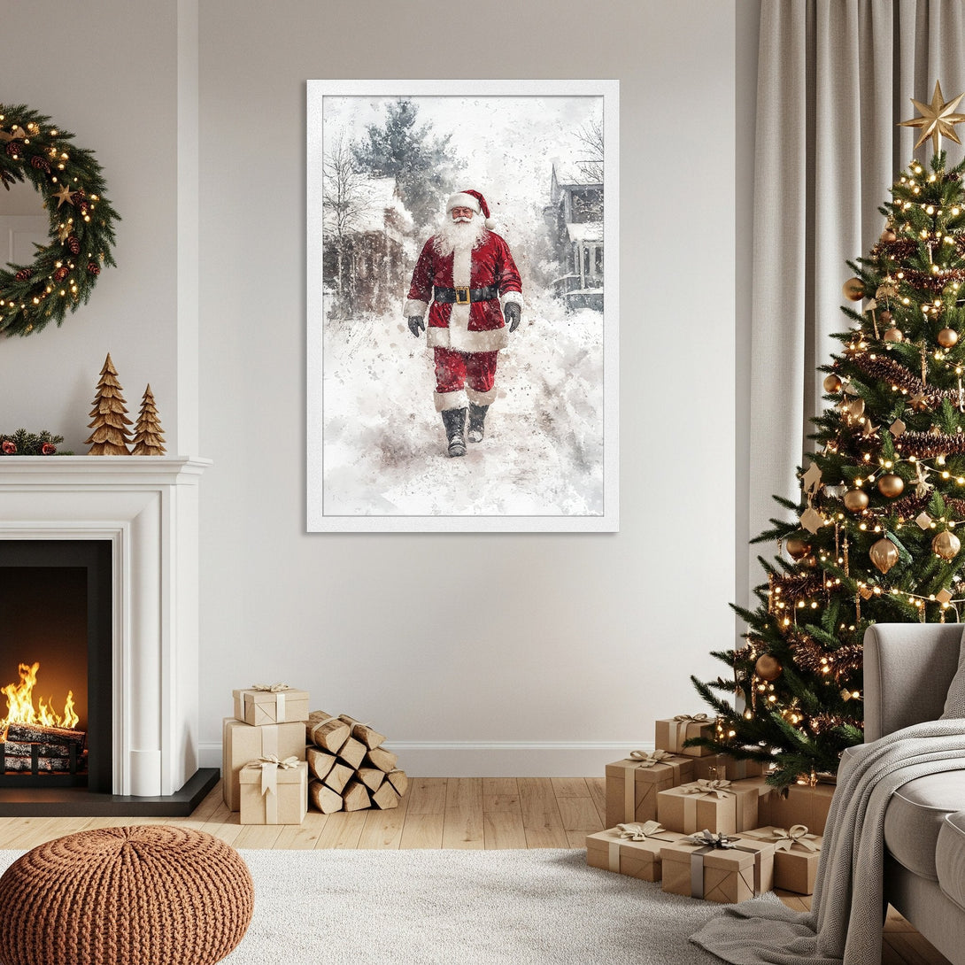 Framed Poster featuring Santa Claus in a winter scene. Watercolor style, red and white color palette, perfect Christmas decor.