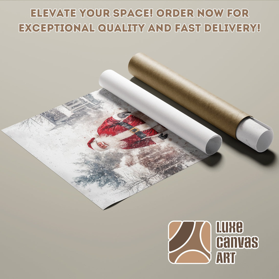 Poster Roll featuring Santa Claus in a winter scene, watercolor style, with red, white, and gray tones.