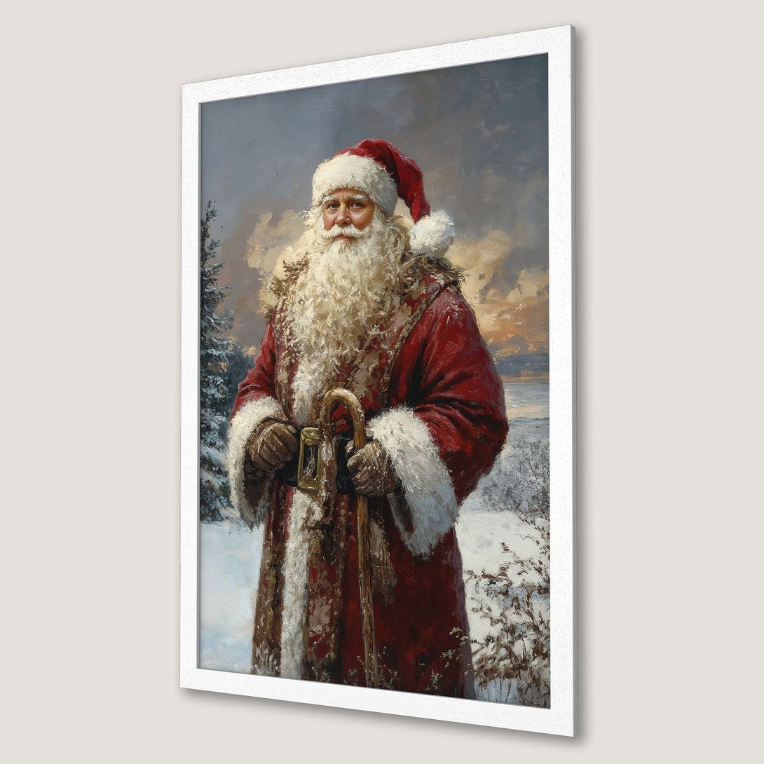 Framed Poster featuring Santa Claus in a classic style with a red and white color palette, perfect for Christmas decor.