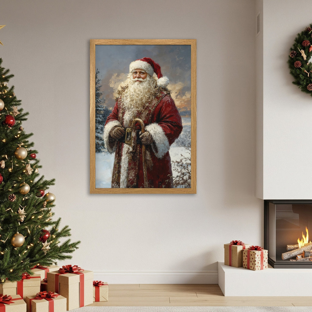 Framed Poster featuring Santa Claus in a classic style with a warm red and gold color palette, perfect for Christmas decor.