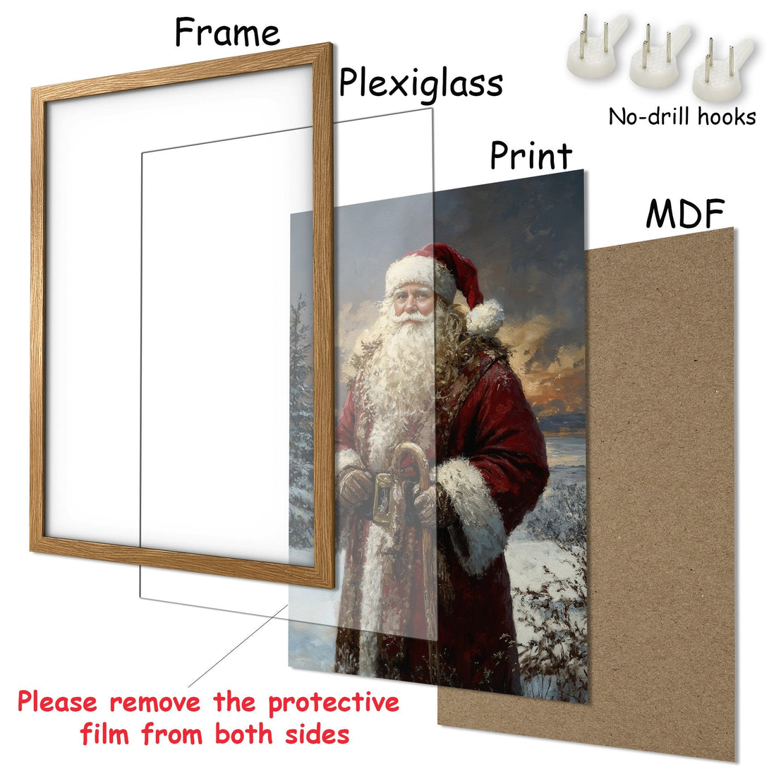 Framed Poster of Santa Claus in a winter scene, with a warm red and white color palette, perfect for Christmas.