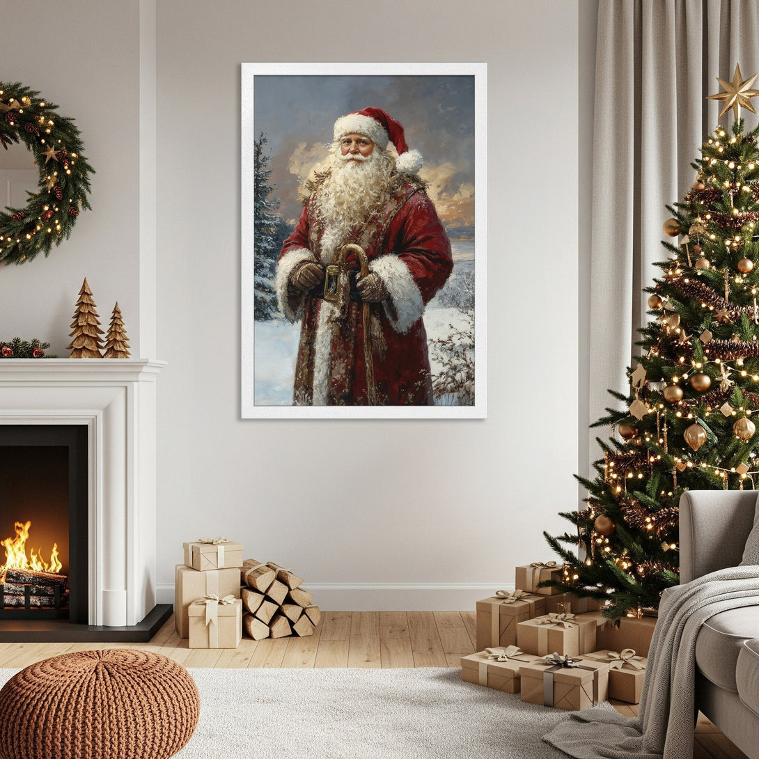 Framed Poster featuring Santa Claus in a vintage style, with a red and white color palette. Perfect Christmas decor!