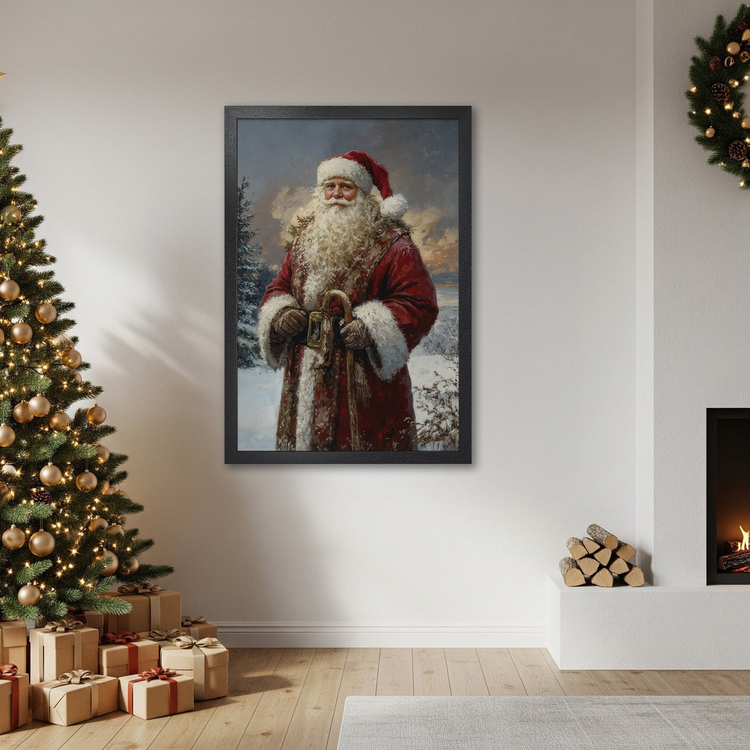 Framed Poster featuring Santa Claus artwork in a classic style with a red and white color palette, perfect Christmas decor.