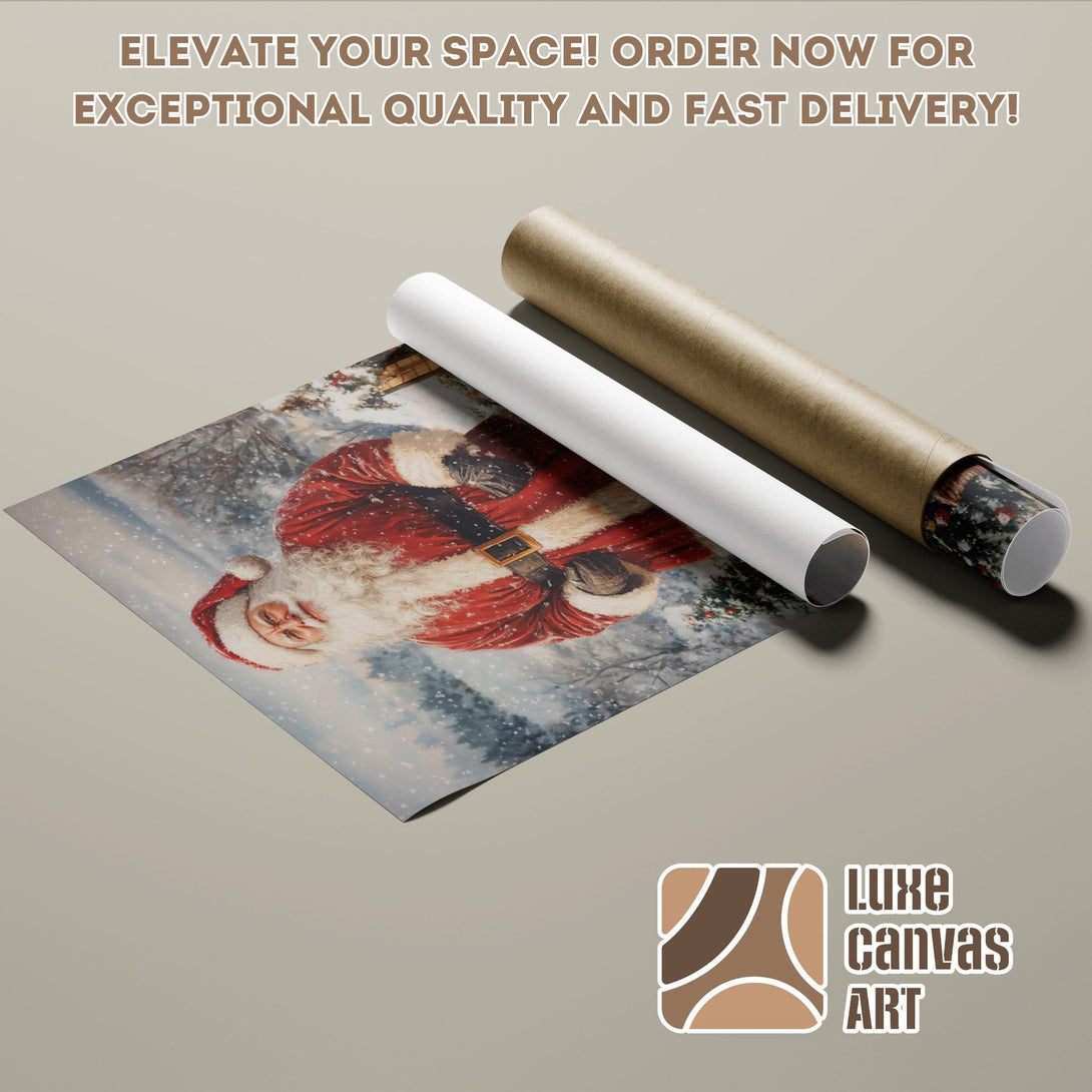 Santa Claus Poster Roll in a winter scene, warm red and cool blue tones. Order now!