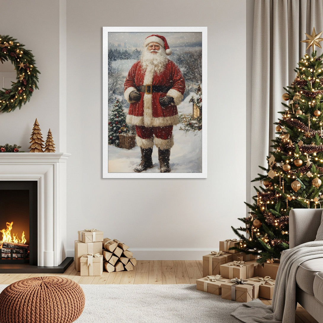 Framed Poster of Santa Claus in a winter scene. Classic style, red & white palette, perfect Christmas decor.