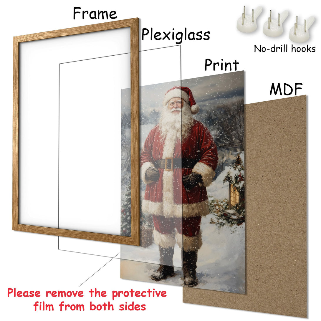Framed Poster featuring Santa Claus in a winter scene. Classic style with a warm red, white, and gray color palette. Perfect holiday decor!