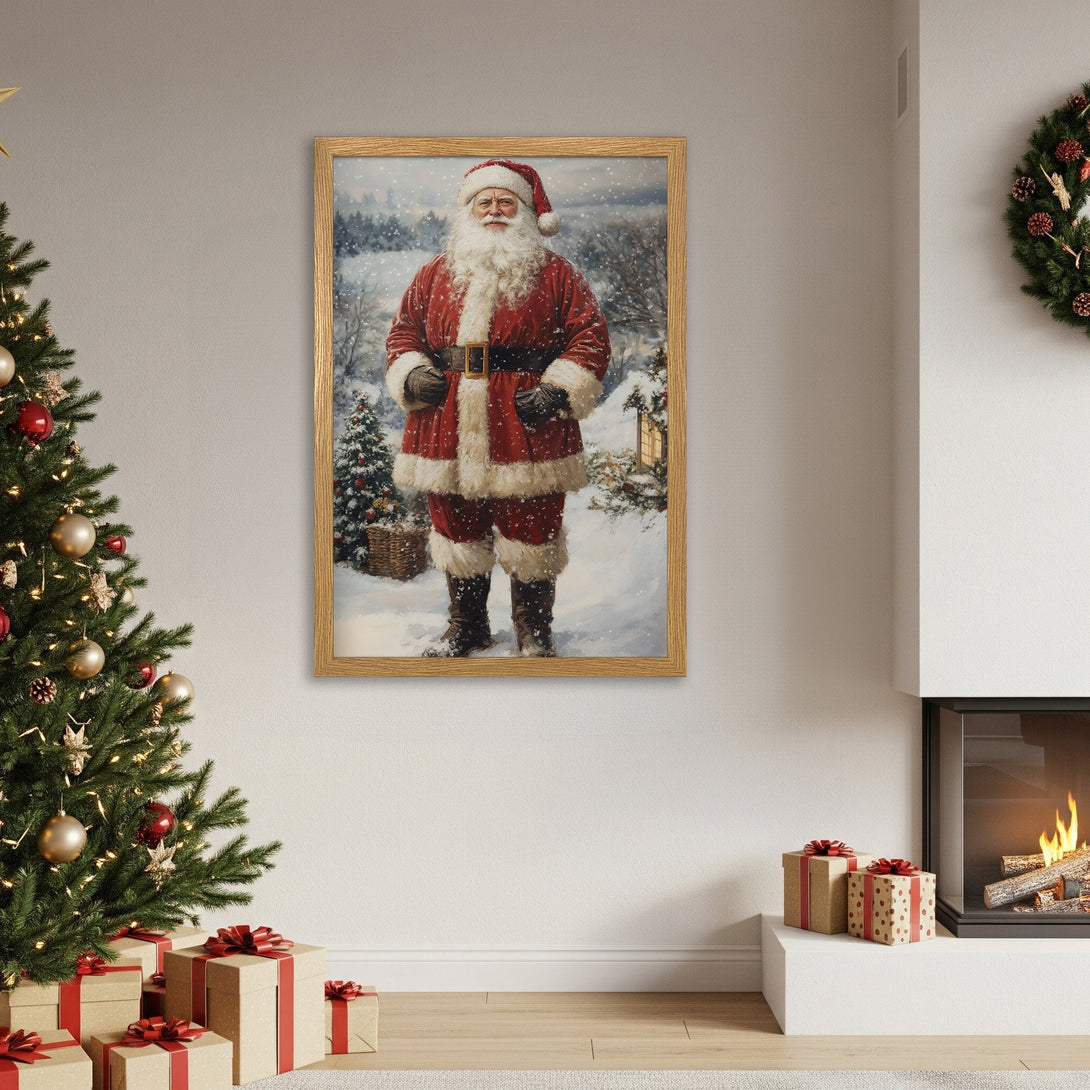 Framed Poster featuring Santa Claus in a snowy scene. Classic style with red, white, and neutral tones. Perfect Christmas decor!