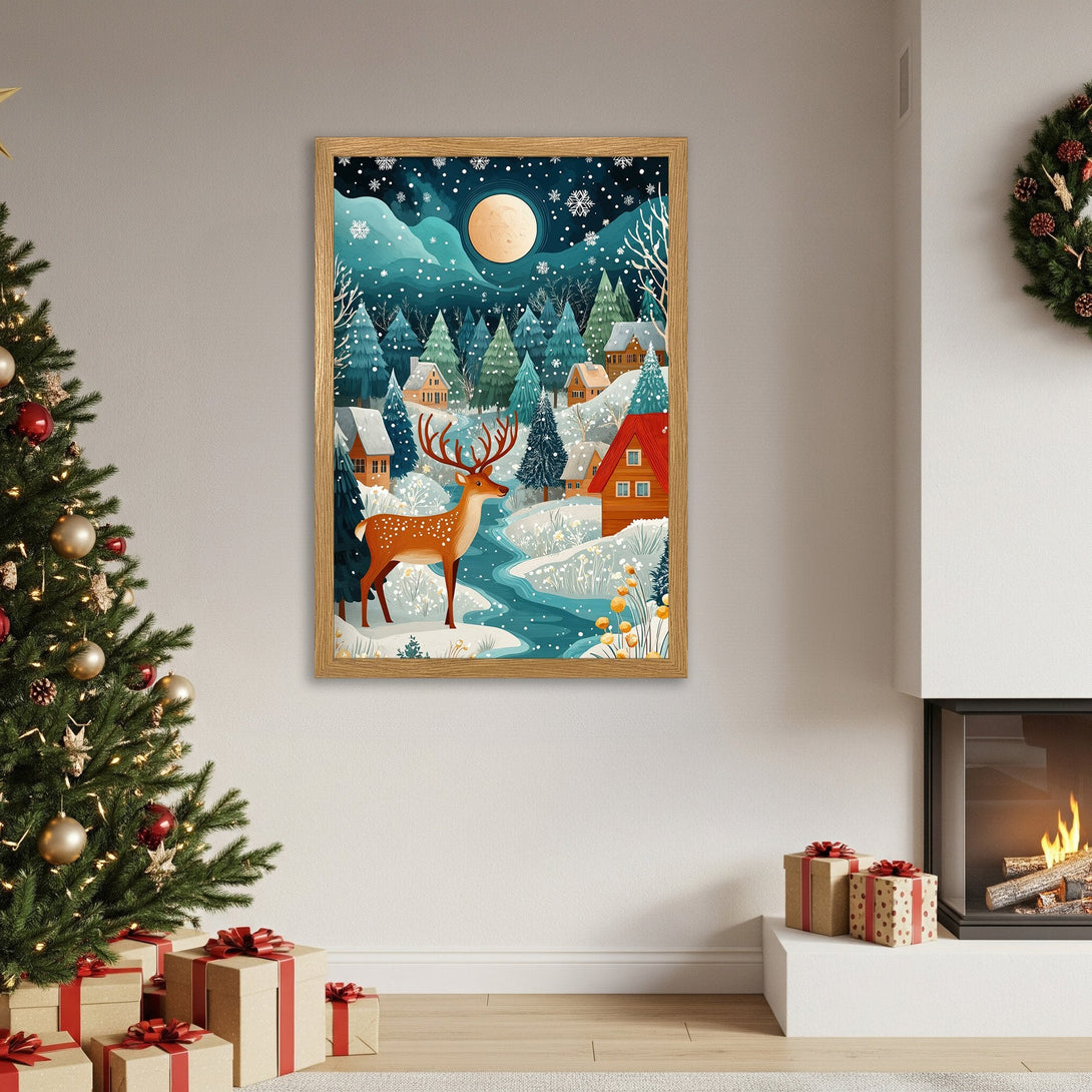 Framed Poster featuring a winter landscape with a deer, in a teal and brown color palette. Perfect for holiday decor!