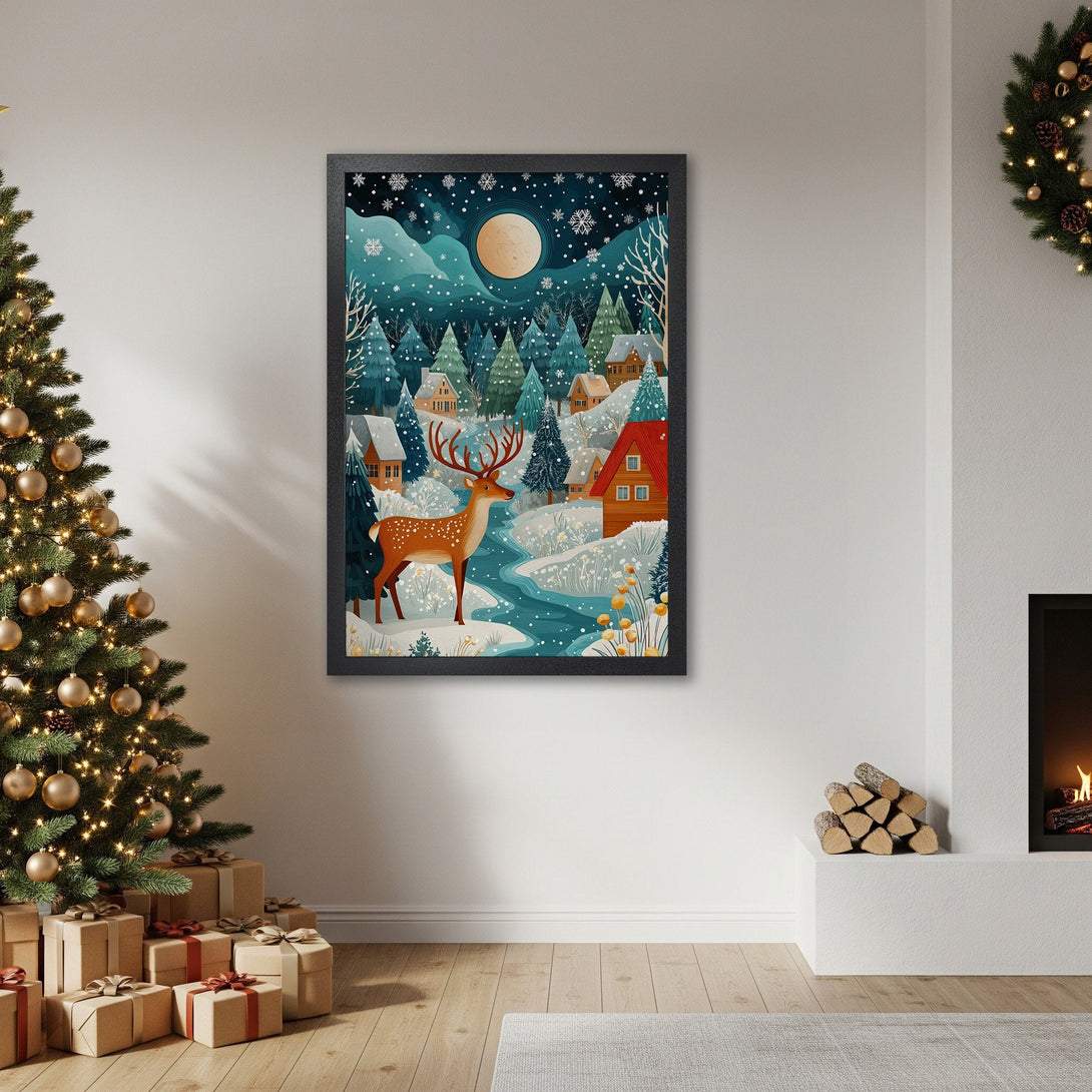 Framed Poster featuring a winter landscape with a deer, in a whimsical style with a teal and brown color palette. Perfect for holiday decor!