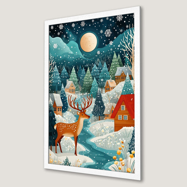 Framed Poster featuring a winter landscape with a deer, in a whimsical style with a teal, orange, and white color palette. Perfect for cozy decor!