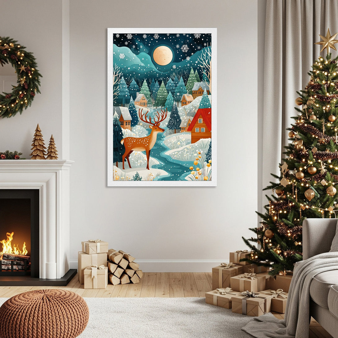 Framed Poster of a winter scene with a deer, in a whimsical style with teal, blue, and orange tones. Perfect holiday decor!