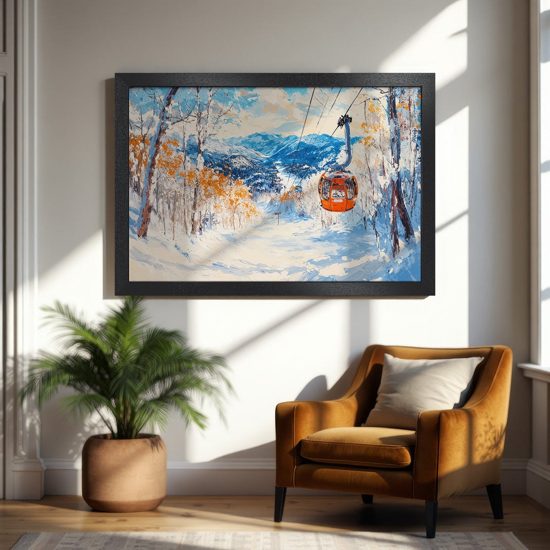 Framed Poster of a winter landscape with a ski lift, featuring a blue, white, and orange color palette. Perfect for adding a touch of nature to your home!
