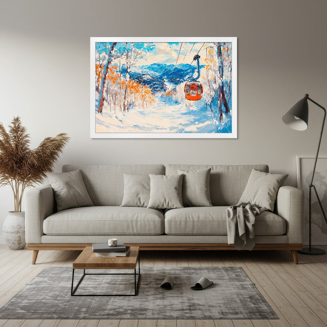 Framed Poster of a winter landscape with a ski lift, impressionist style, featuring blue, white, orange, and brown hues.