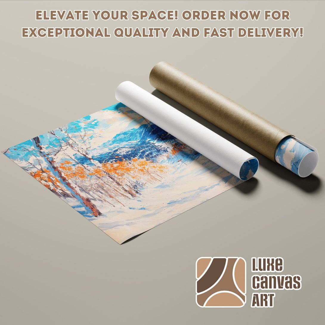 Poster Roll featuring a winter landscape painting in blue, orange, and white. Elevate your space!