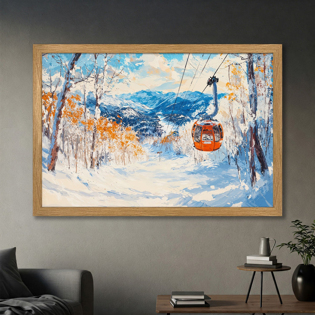 Framed Poster of a winter landscape with a ski lift, in a vibrant, impressionistic style with blue, white, and orange hues.