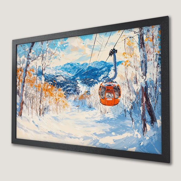 Framed Poster of a vibrant winter ski resort scene, featuring an orange gondola. Impressionistic style with blue, white, and orange hues.
