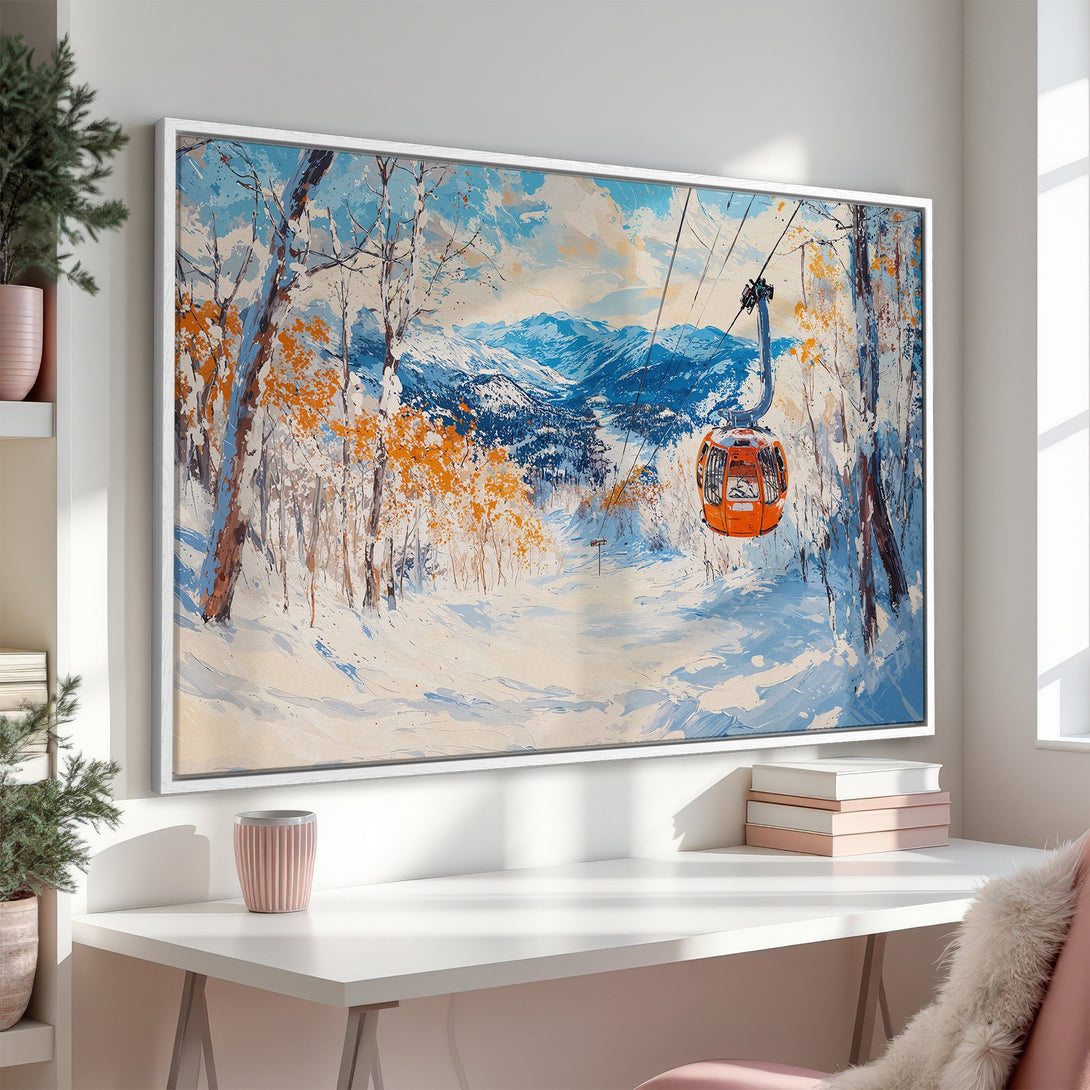 Framed Wall Art: Winter landscape Canvas Print with a vibrant orange ski lift, snow, and blue sky. Perfect for adding a touch of warmth and color.