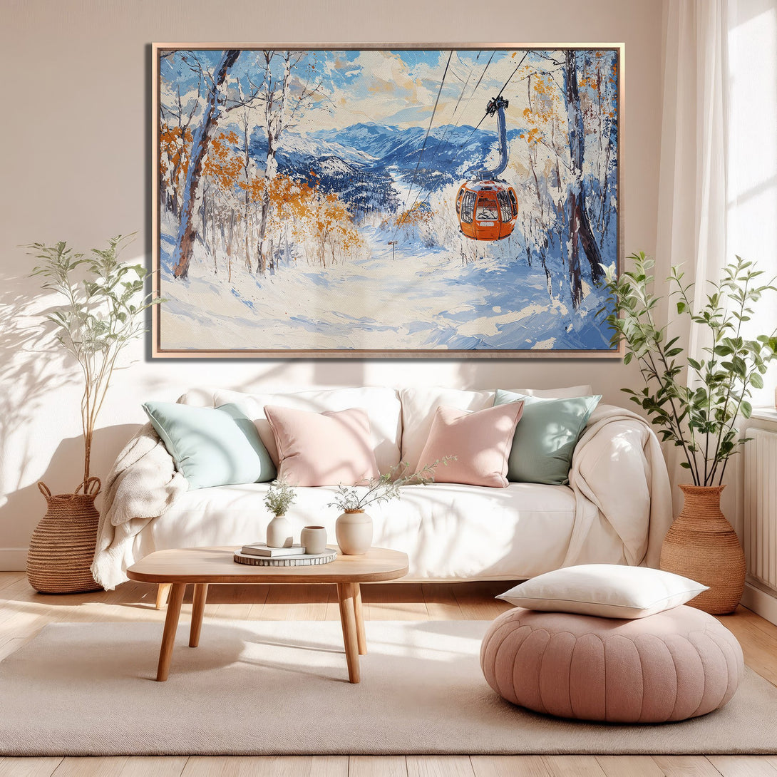 Framed Wall Art: Winter landscape with ski lift in blue, orange, and white. Perfect for adding a touch of nature to your living room.