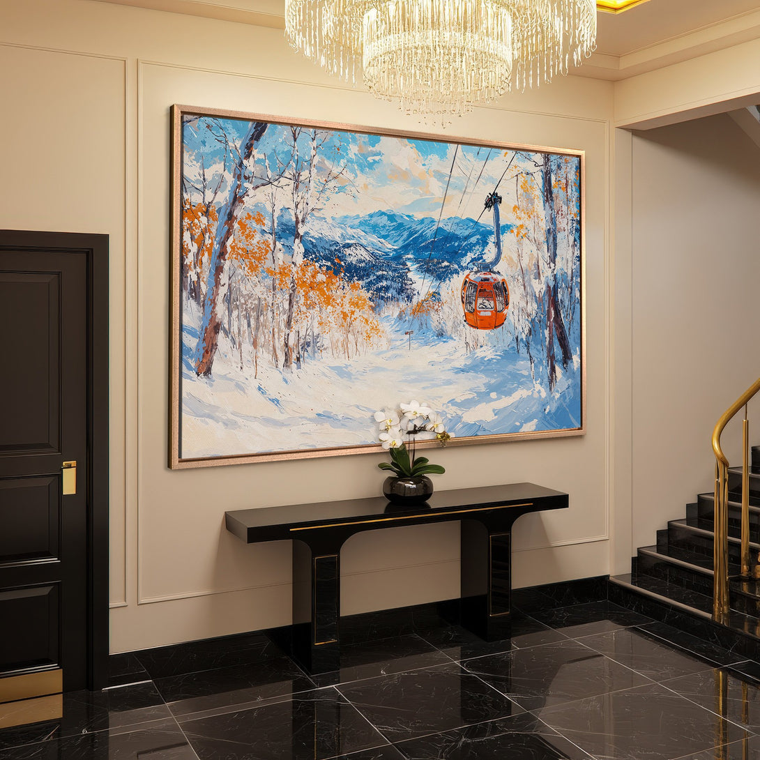 Framed Wall Art: Winter landscape with ski lift in blue, orange, and white. Modern art for a stylish interior.