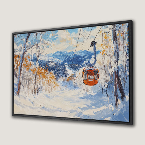 Framed Wall Art: Winter landscape Canvas Print featuring a ski lift, vibrant blues, oranges, and snowy mountains. Perfect for adding a touch of nature.