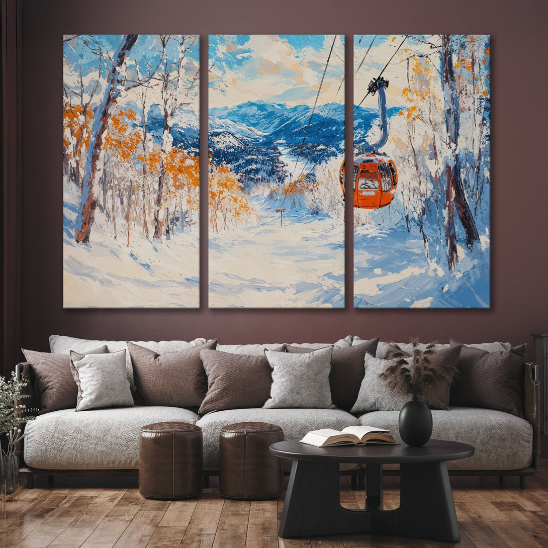 Canvas Print of a winter landscape with a ski lift, featuring blue, orange, and white hues. Perfect wall art for your home!