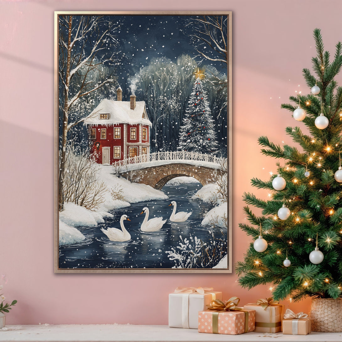 Framed Wall Art: Winter scene with swans, red house, and snowy landscape. Beautiful watercolor style, blue, white, and red color palette. Perfect Christmas decor!
