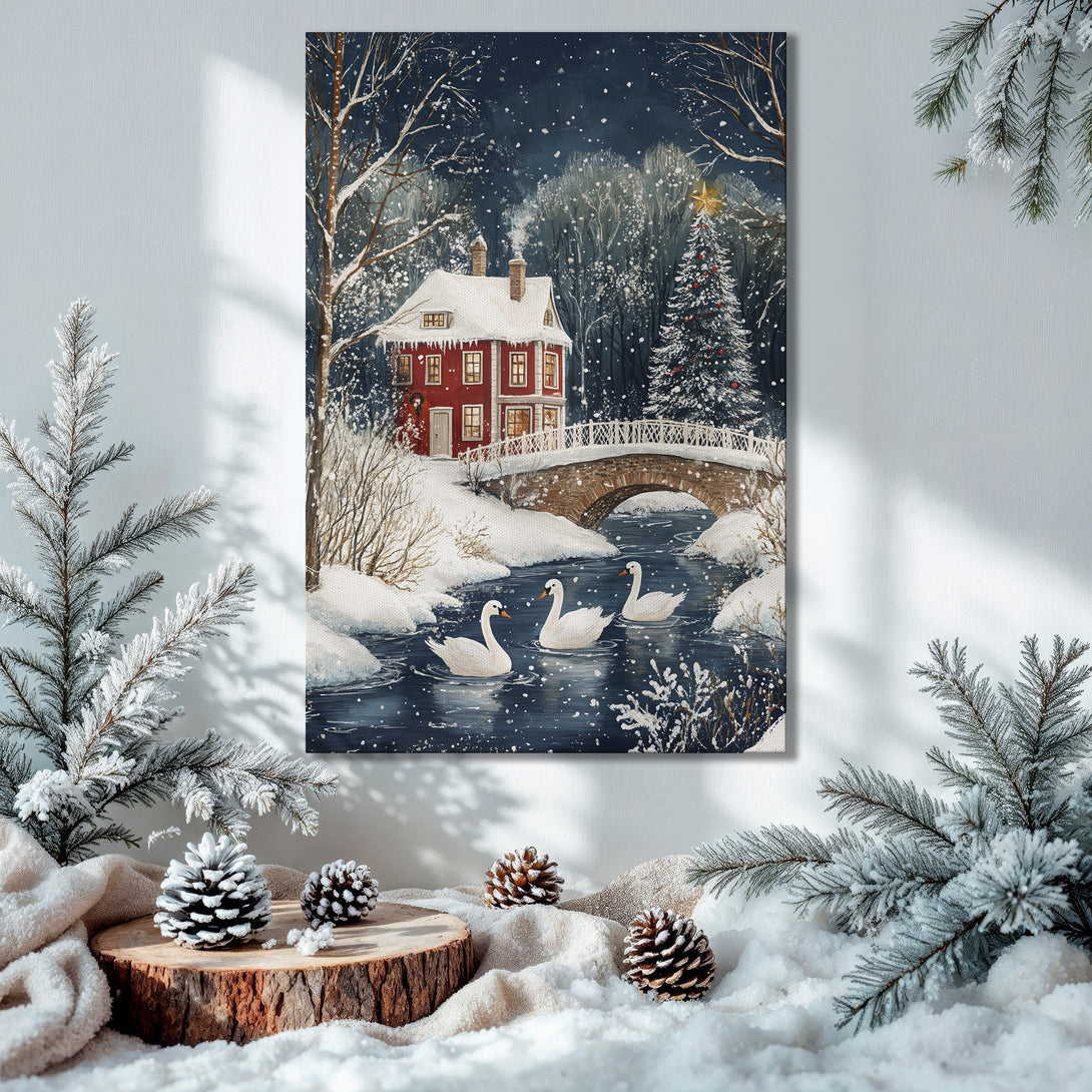 Framed Wall Art: Winter scene Canvas Print with red house, swans, and bridge. Blue, white, and gold color palette. Perfect Christmas decor.