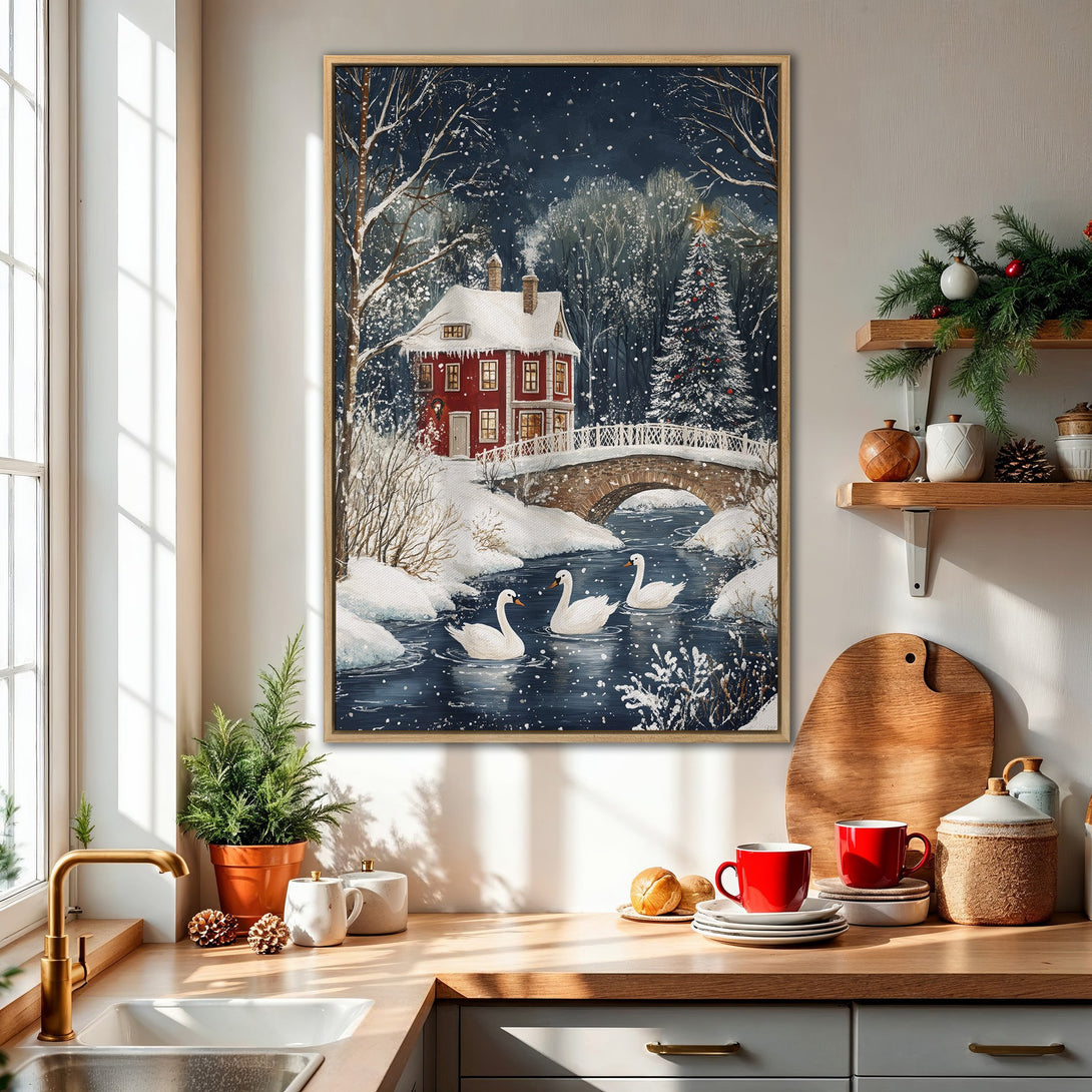 Framed Wall Art: Winter landscape with red house, swans, and bridge. Cozy, watercolor style with blue, white, and red color palette. Perfect for holiday decor.