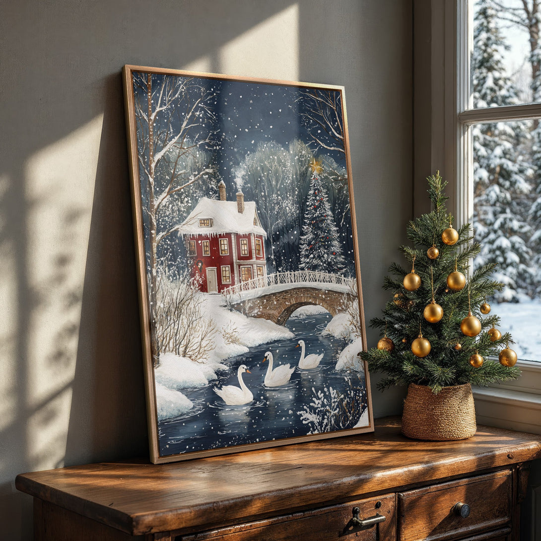 Framed Wall Art: Winter landscape Canvas Print with a red house, swans, and snow. Cozy, classic style with blue, white, and red color palette. Perfect holiday decor!