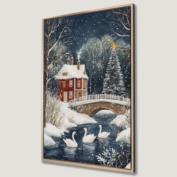 Framed Wall Art: Winter landscape Canvas Print featuring a red house, snowy bridge, and swans. Cozy, painterly style with a blue, white, and red color palette. Perfect for holiday decor.