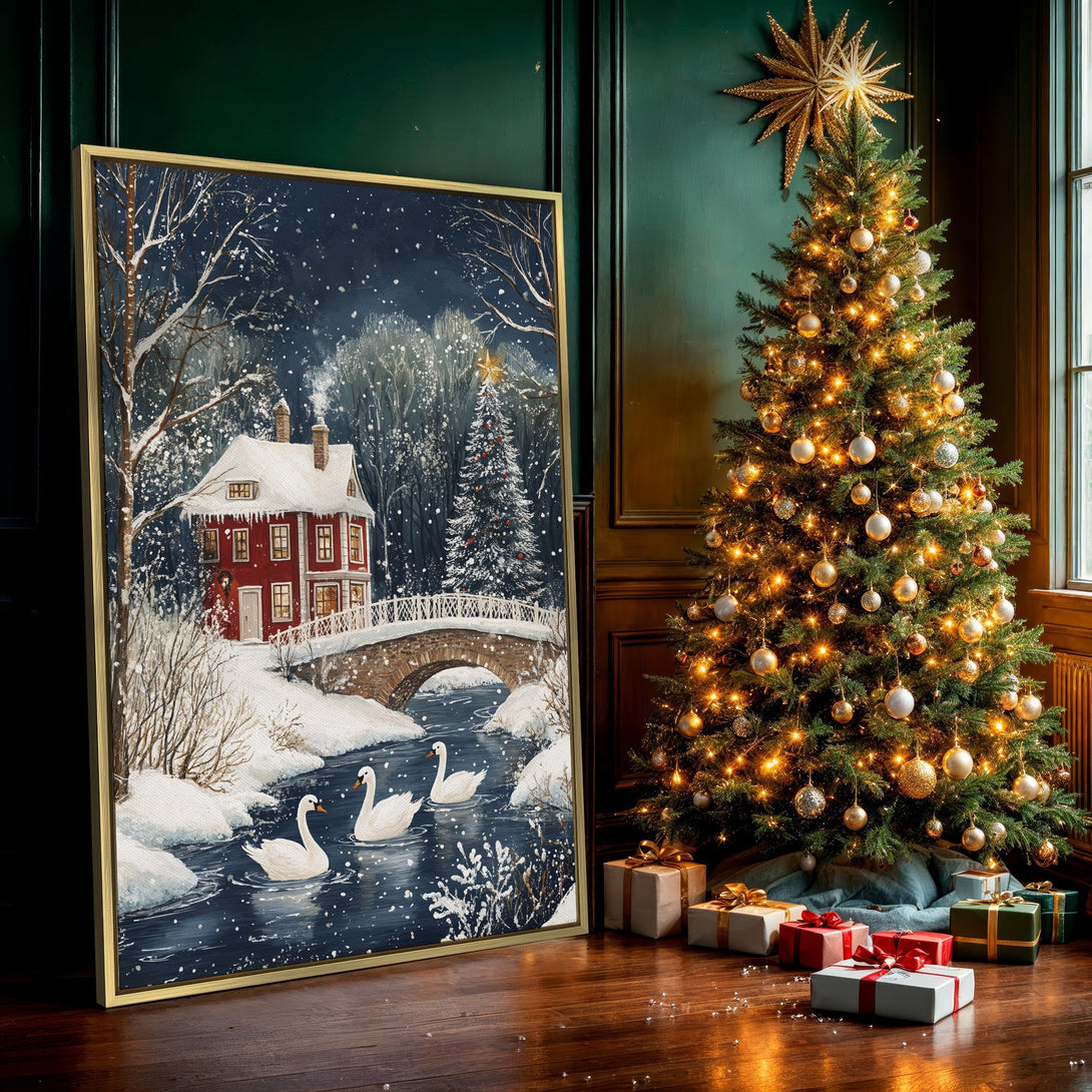 Canvas Print of a winter scene with a red house, swans, and bridge, in a watercolor style with a cool blue and white color palette.
