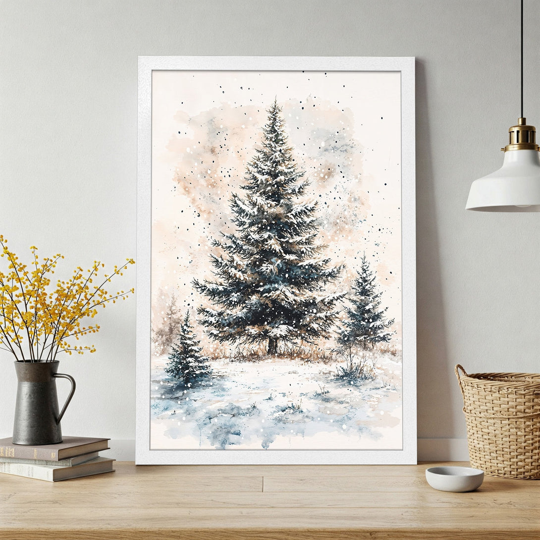 Framed Poster featuring a watercolor winter forest scene with snow-covered trees in a neutral color palette. Ideal for cozy decor.