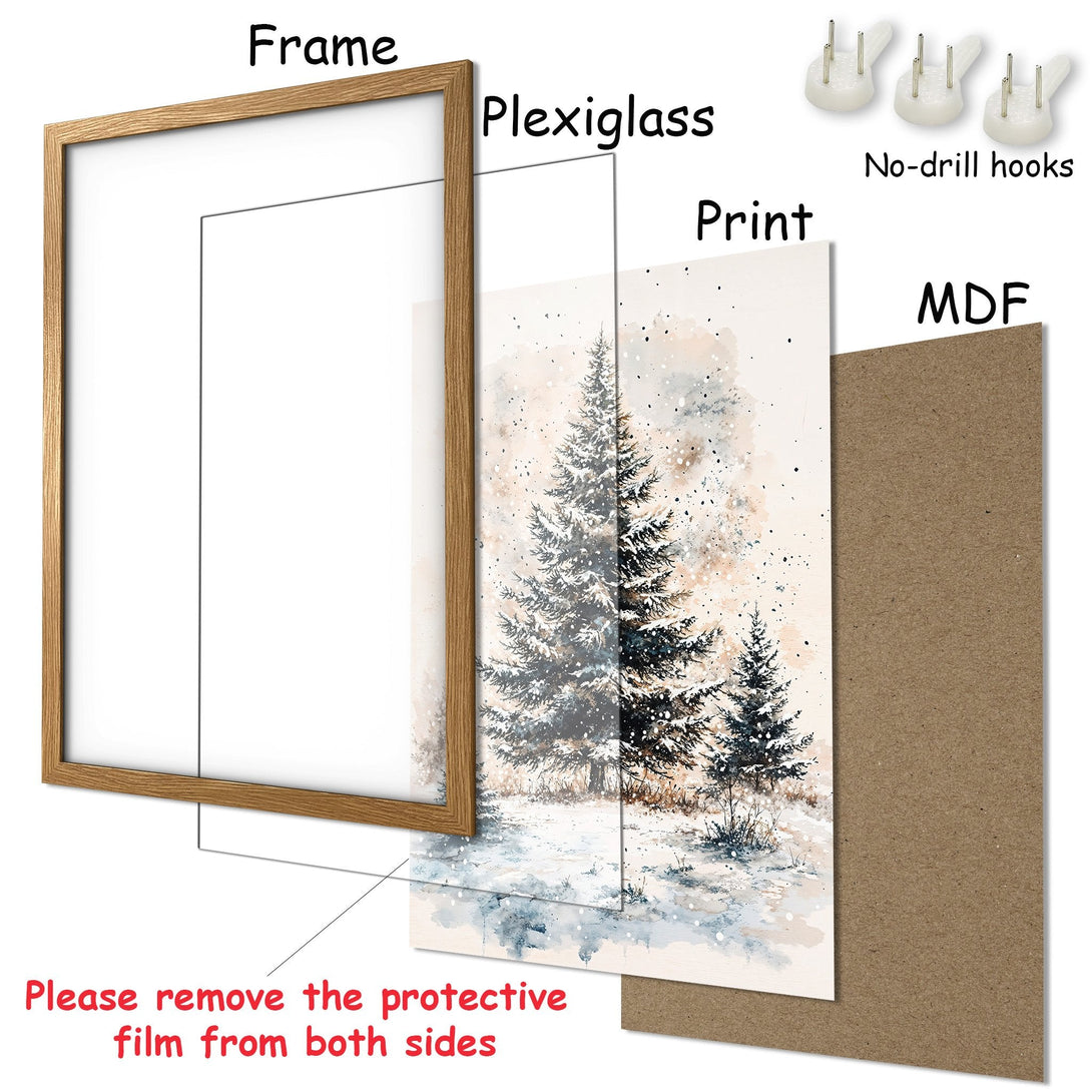 Framed Poster featuring a winter watercolor scene. Soft, neutral color palette with snow-covered trees. Perfect wall art for your home!