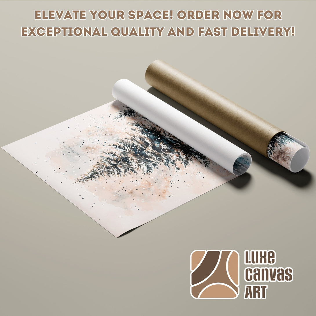Poster Roll featuring a winter forest art print in a neutral color palette. Elevate your space with this beautiful art!