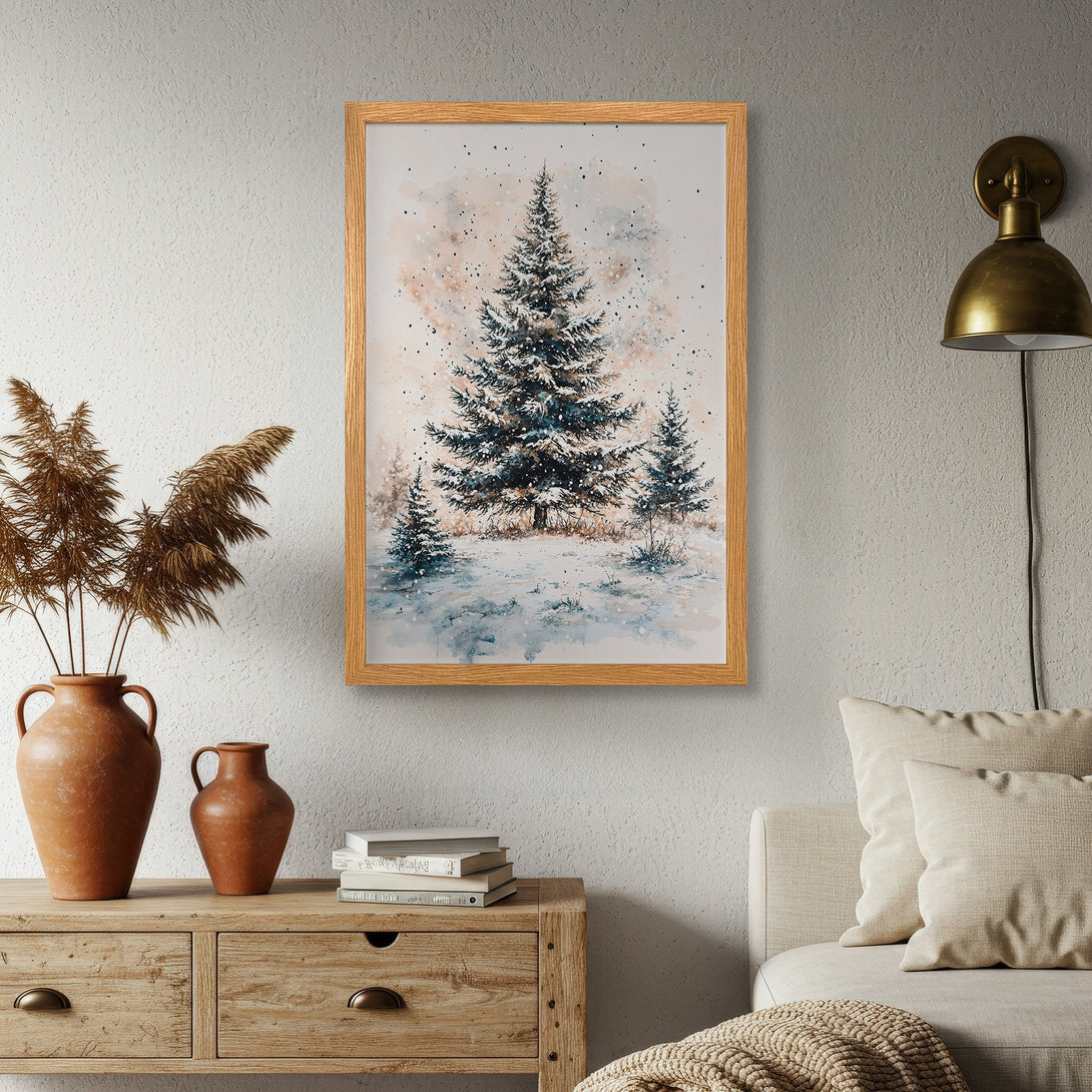 Framed Poster featuring a watercolor winter scene with pine trees. Soft, muted color palette for a cozy, natural aesthetic. Perfect wall art!