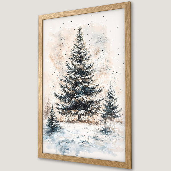 Framed Poster featuring a watercolor winter scene with snow-covered pine trees, soft neutral and blue color palette, perfect for home decor.