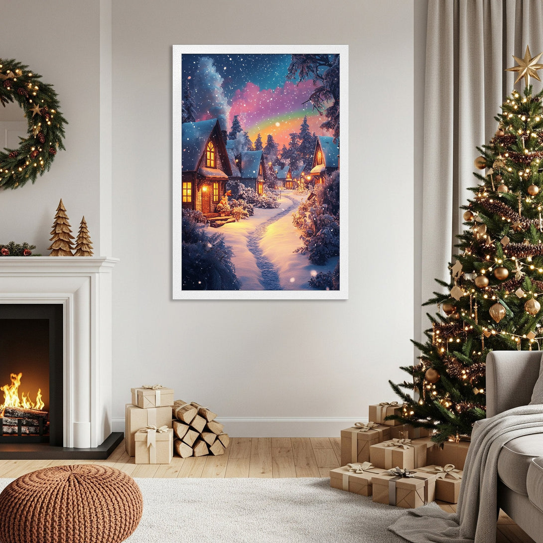 Framed Poster of a snowy winter village scene with vibrant colors. Perfect holiday decor!