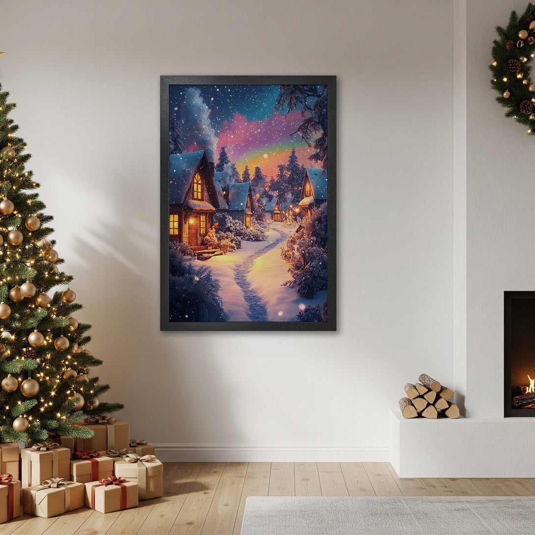 Framed Poster of a winter village scene with a vibrant, colorful sky. Perfect cozy art for your home!