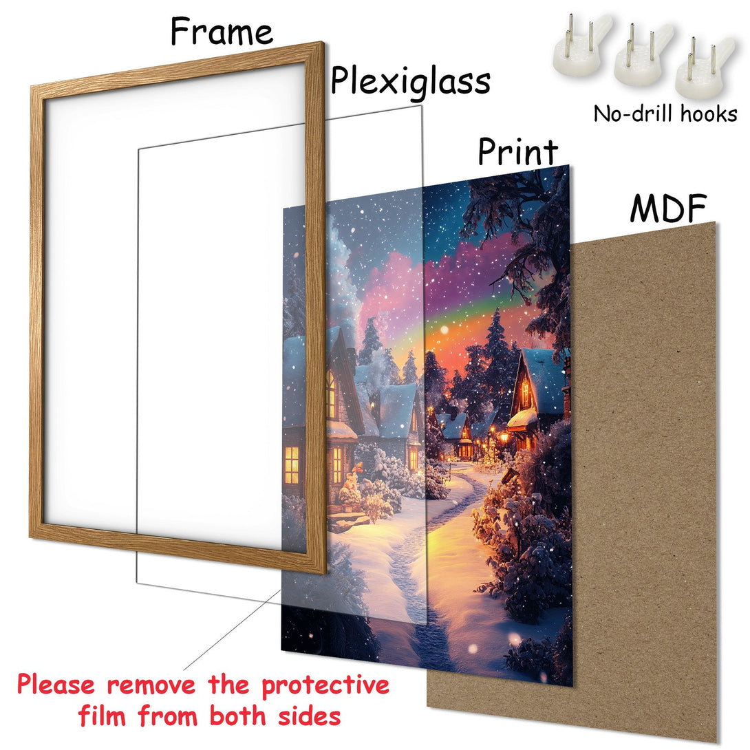 Framed Poster featuring a winter village scene in a warm, inviting color palette. Perfect wall art for cozy spaces!