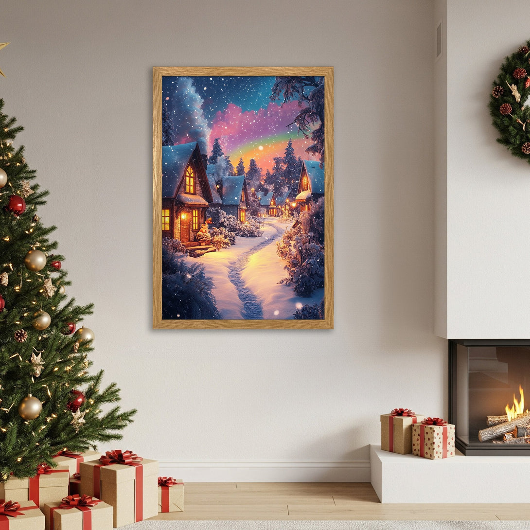 Framed Poster featuring a winter village scene with a vibrant, colorful sky. Perfect holiday decor!