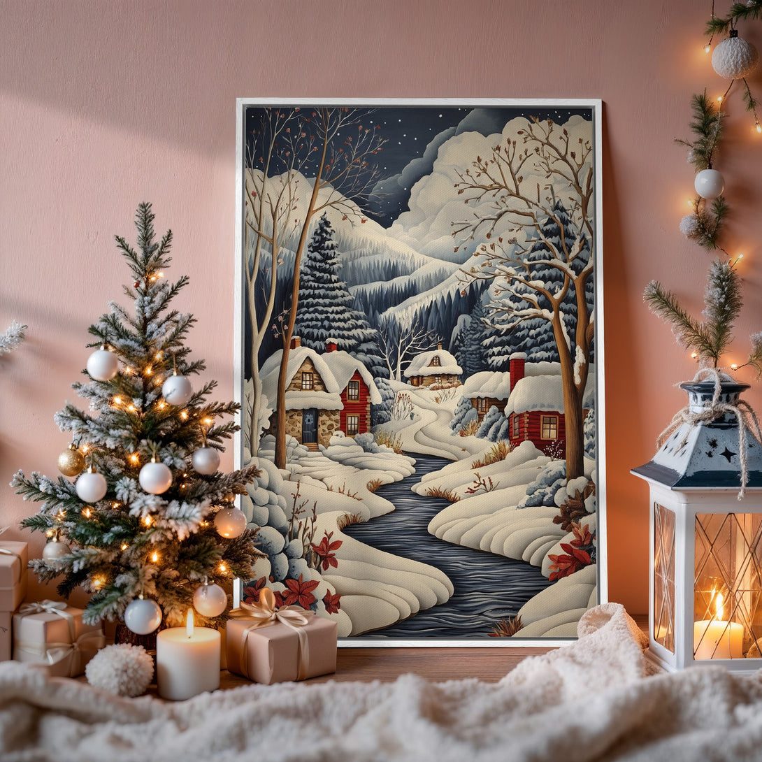Framed Wall Art: Winter landscape Canvas Print in a cozy interior. Features a snowy village scene with a cool blue and red color palette. Perfect for holiday decor!