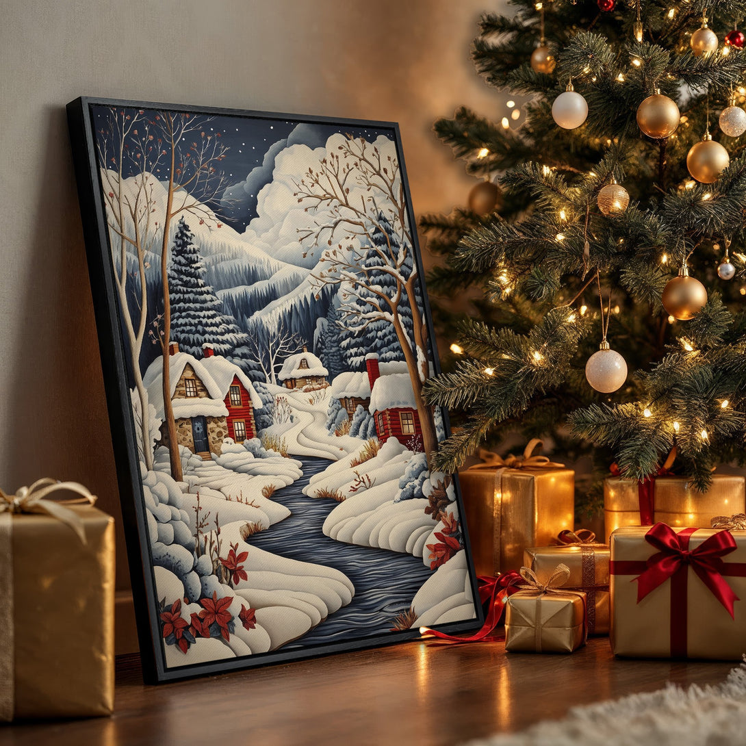 Framed Wall Art of a winter village scene in a cozy interior. Features a snowy landscape with red houses, cool blue and white tones. Perfect holiday decor!