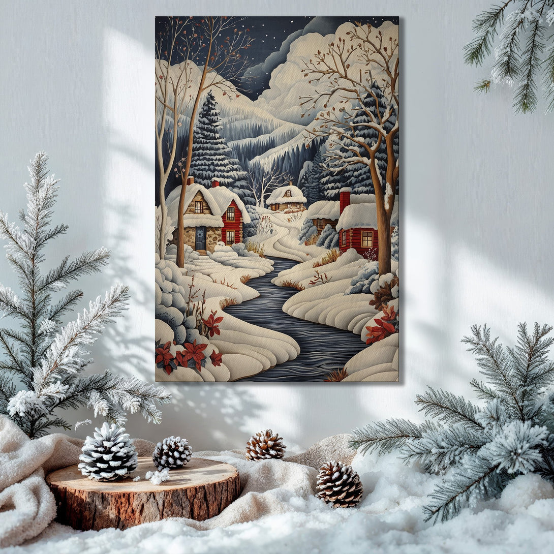 Framed Wall Art: Winter landscape scene in a cozy interior. Features a snowy village with a blue, white, and red color palette. Perfect holiday decor!