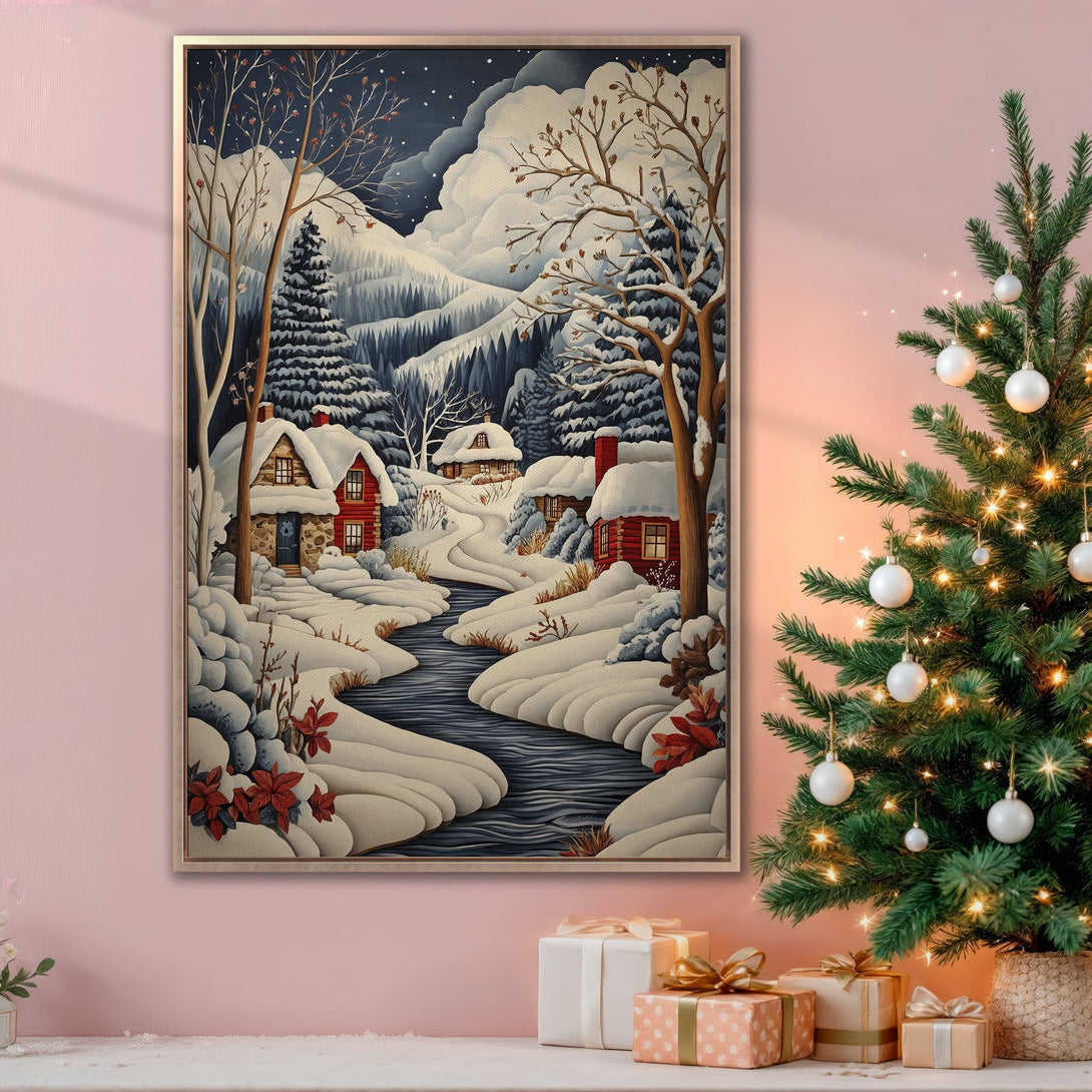 Framed Wall Art: Winter landscape Canvas Print with snow-covered cabins, river, and trees. Cozy, warm color palette with blues, reds, and whites. Perfect for holiday decor.