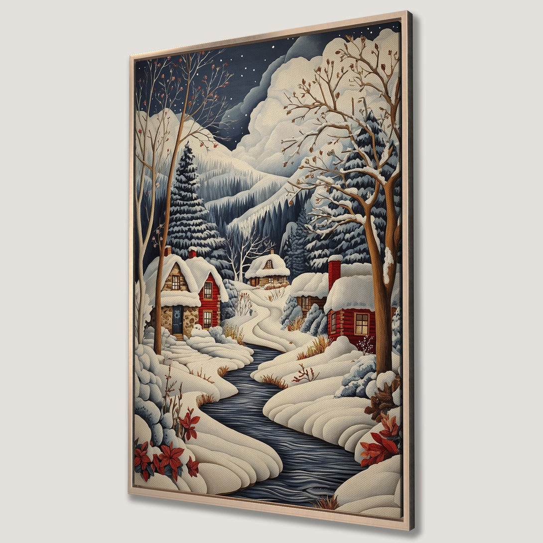 Framed Wall Art: Winter landscape Canvas Print featuring cozy cabins, snowy river, and a serene blue, white, and red color palette. Perfect for adding warmth to any space.