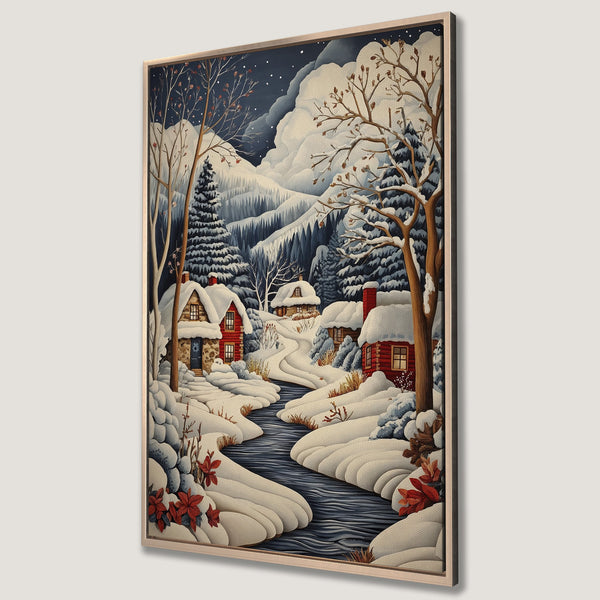 Framed Wall Art: Winter landscape Canvas Print featuring cozy cabins, snowy river, and a serene blue, white, and red color palette. Perfect for adding warmth to any space.